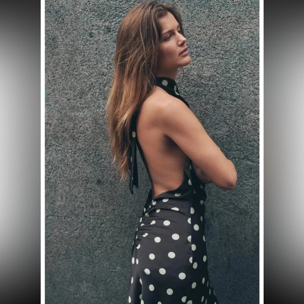 ZARA POLKA DOT SATIN MIDI DRESS - Picture 9 of 15